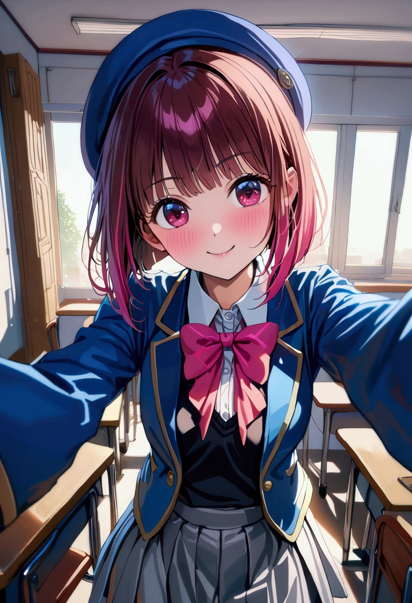 1girl,arima kana,red Hair, short bob Hair, red eays,View your viewers, indoor, smile, blush,blue hat, beret, school uniform, white collared shirt, blue jacket, black vest, grey skirt, pink bow ,pov,from avobe,selfie, (( Highest quality 1.5)),((masterpiece1.5)), (Super detailed 1.5),Photorealism, very detailed model & LoRA usage,classroom