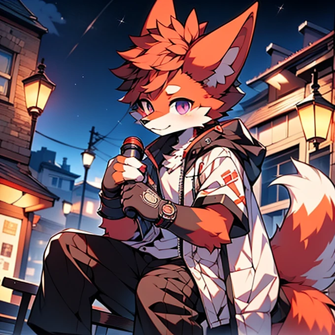 (Artist by zackary911, 8k, high quality, detailed eyes and fur, night, residents background), solo, male fox, anthro, red satured fur, red body, male body, purple eyes, black ears, red hair, short hair, hair cover eye, hands white, choker, eyeliner black, beige jacket, black shirt,