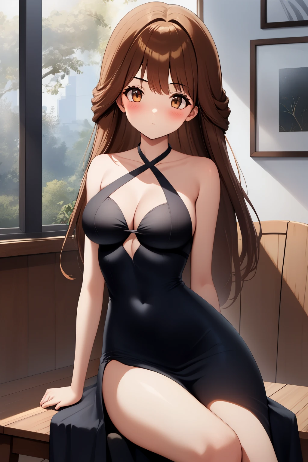 (masterpiece), (top-quality), (hight resolution), (cowboy shot, standing), (kawai iyona), (1girl), brown eyes, brown hair, long hair, (tareme:2.0, blush:1.5), (medium breast), cleavage, collarbone, (black halter neck long dress: 1.3), (deep slit: 1.2), (High Heels), sitting, (sit Chair), soft brightness, night, bar, indoor
