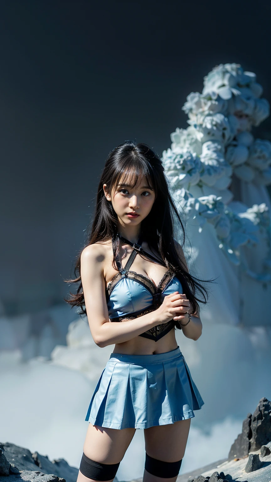 (8k、RAW Photos、Highest quality、masterpiece:1.2)、(Realistic、Realistic)、1 person、((Black and light blue mini skirt、Fantasy、Warrior&#39;s clothing、Ice Magic、See-through、garden、garden、Breast enlargement、boots、cool、Thin legs、whole body、View from the front、Looking into the camera、Stand with hands on hips))、cute