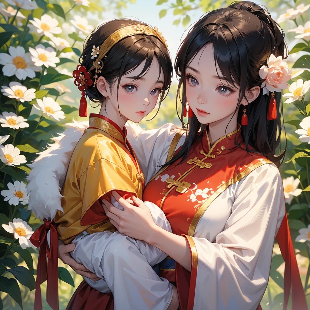 A -yead bab an ancient Chinese baby costume wiis beautiful mother, dressed in an ancient Chinese costume, in the flower garden, playing with each other, with his handsome father standing next to his mother, close up