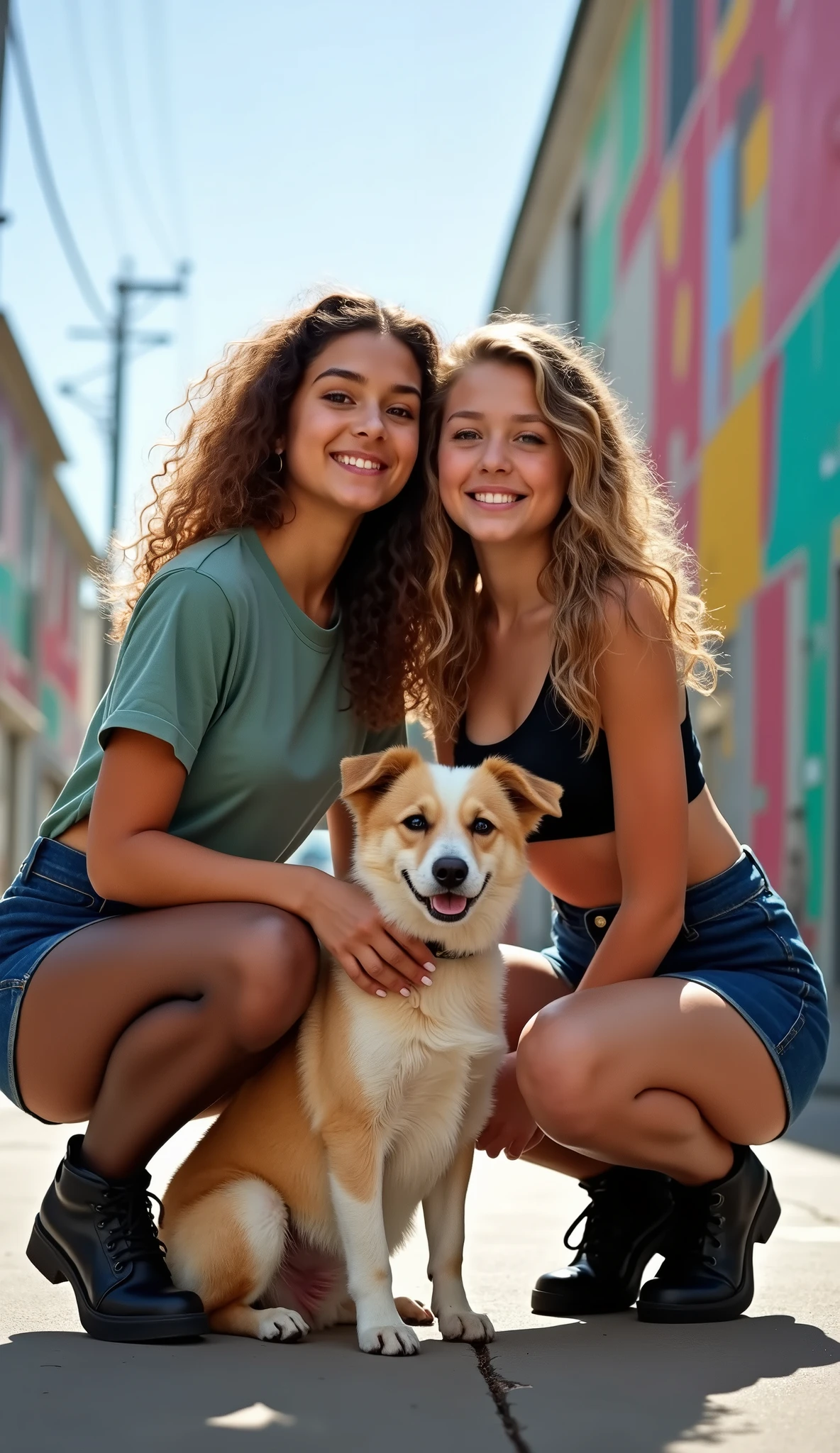 Show entire body, feet in view, 2 Girls, 1 Māori  , one Asian teenirty blonde curly hair, huge breasts, crop top t-shirt, short skirt, exposed cleavage, both wearing sheer navy blue pantyhose, the waistband of her pantyhose covers her bellybutton, pretty feet, The ultra -The high-definition, squatting, taking a selfie with her dog