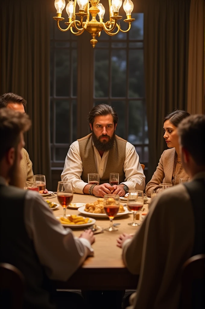 a table with several people sitting and a man sitting in a prominent place at that table, realistic scene, 4k HD, film, based on the biblical verse: you prepare a table for me in the presence of my enemies, anoint my head and my cup overflows