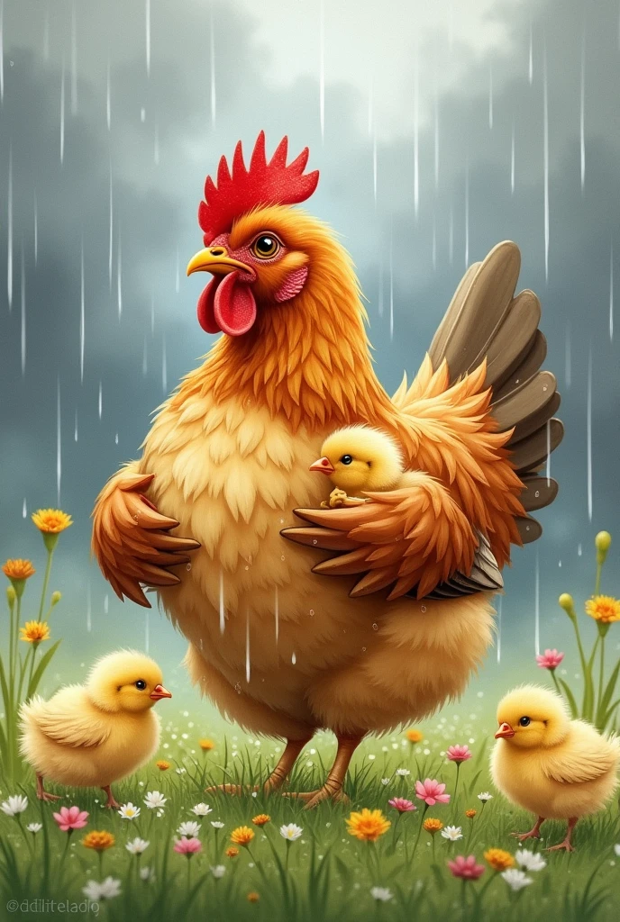 A hen covering her chickens from rain under her wings