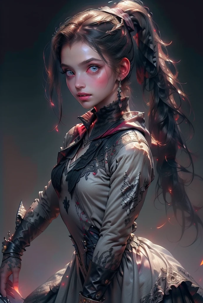(((masterpiece, of the highest quality, super detailed))), hand drawn style, hand painted style, watercolour, sketch, a knight, white background, plain background, Bloodborne inspired, tatty Bloodborne attire, occult aesthetic, occult, tatty red and white clothing detailed and intricate steampunk and detailed gothic lolita (with a hood), long coat, very thin long legs, Complex laced boots, Fluttering lace flared long knee length dress with frilly petticoats, long dress, knee length dress, petticoats gothic lolita aesthetic, beautiful small breasts, (((( Highly detailed face))), small thin nose, Small thin lips mouth, (((Very sharp focused eyes))), Very large slit precision pale grey eyes that shine like jewels. ((dark hair)), ((long ponytail, thick ponytail, heavy ponytail)), very long eyelashes, white background, Very dramatic and cinematic lighting, tatty damaged old red and white clothing, full body, whole body, body, cosmic horror, grim dark