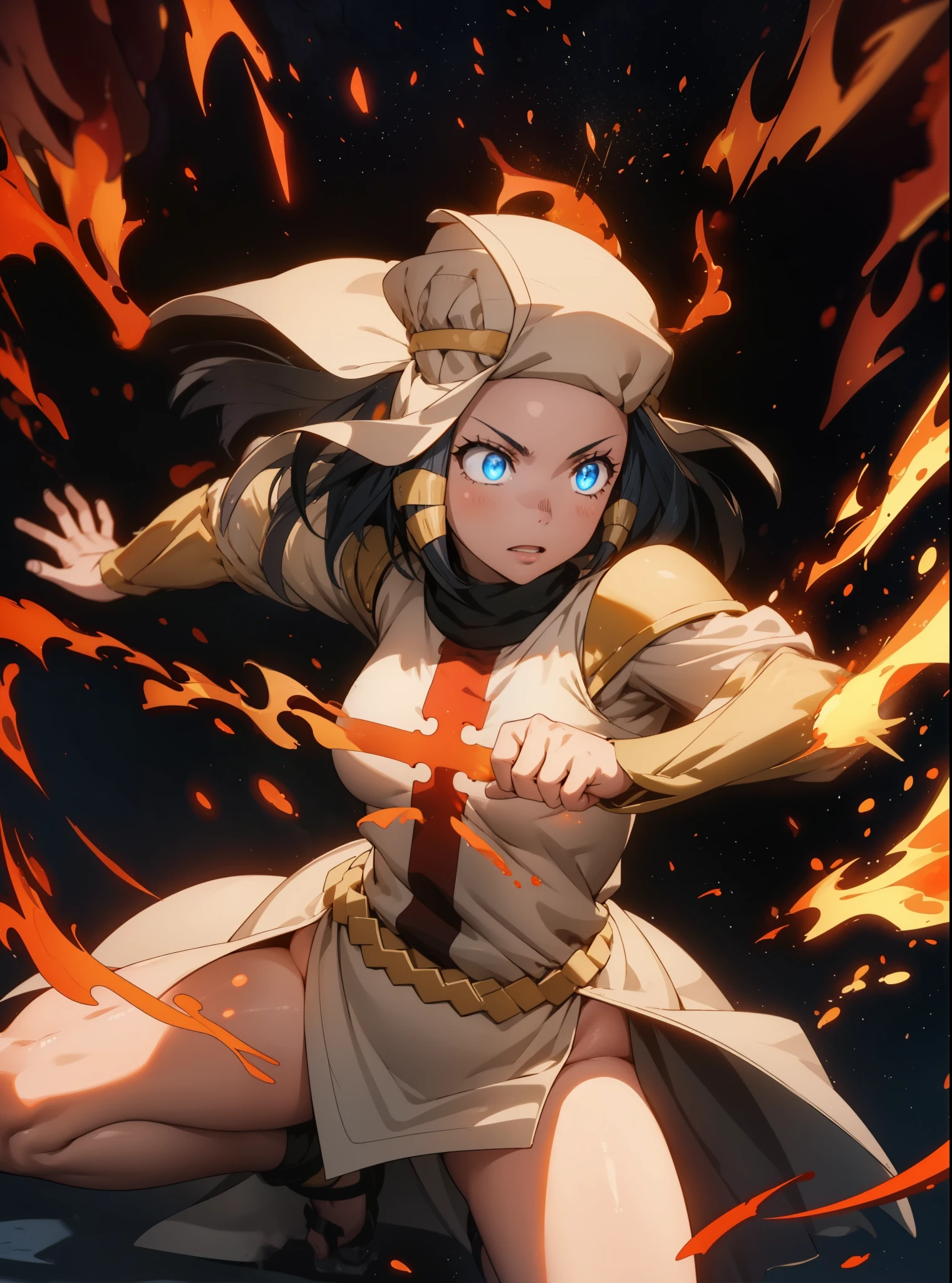 masterpiece, best quality, highres, ultra-detailed, 8k, 1girl, woman, solo, anime fire force, personage Arrow, clear face, cold face with glowing blue eyes, large breasts, tight hips, full body, stands in a fighting pose, armored character standing amidst a fiery background, the chest plate is marked with a red cross-like symbol, The character is depicted in an action pose, with one hand extended forward, in her extended hand she holds a fiery bow, ready to fire, flames and sparks surrounding the scene, creating a dramatic and intense atmosphere, the animation style is dynamic and detailed, with a focus on the dramatic lighting and movement of the energy, archer, shooting an arrow, ((fiery arrows, fiery bow)), Girl with Flame, Ultra Flames - Orange and Blue Flames, Close-up of fire on black background with black background, Fractal fire background, Swirling flames in the background, Hell Background, abstract paintings, holding bow surrounded by fire