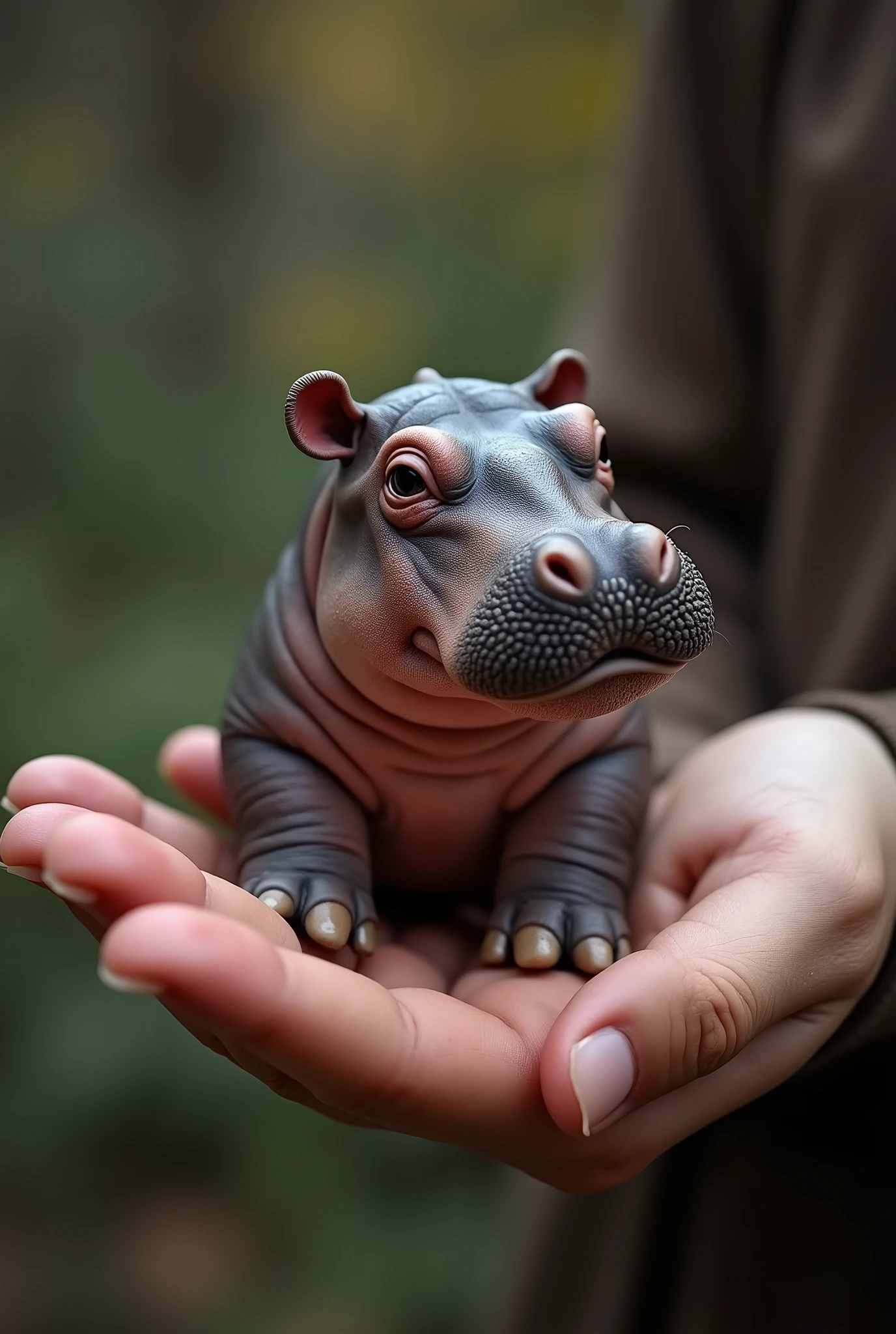 photorrealistic, 8k, Micro Tiny baby [hipoppotamus] perched on a human finger