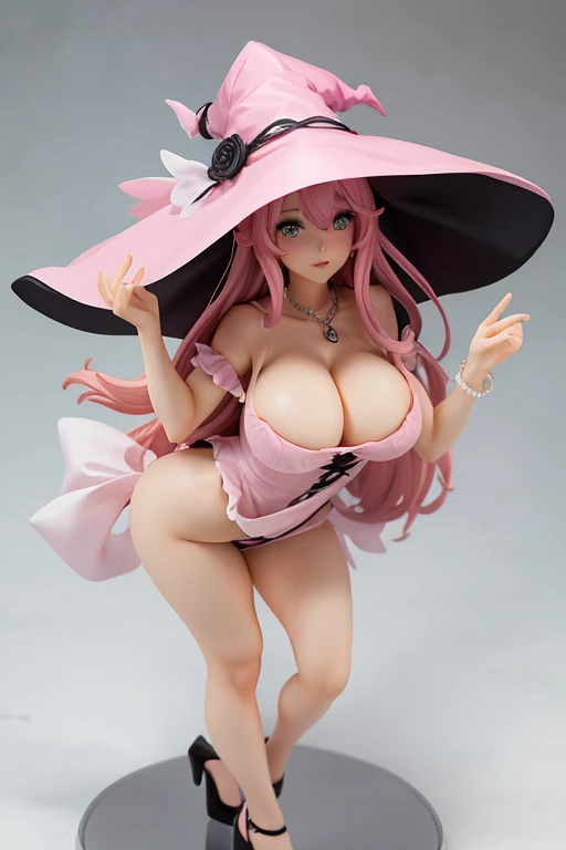 Figure, witch, sexy pose, big breasts, bubble but, pink witch hat, pink sexy dress, pink air
