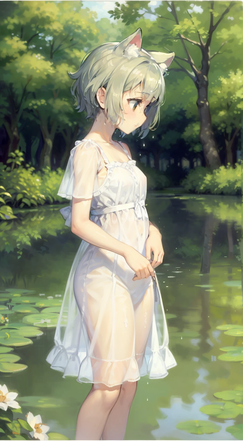 In Claude Monet style, Impressionism, 1girl, upper body focus, (white sheer camisole dress), 14 year old, full body Esbian, short silver hair, pond, wet, ((curtsey)), cat ear, nipples through, see-through, perfect quality