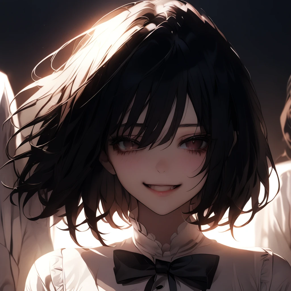 masterpiece, best quality:1.3, 1girl, close-up, yandere, close eyes, crazy, smile, whitedress, yandere trance, shaded face, black short hair, bluntbangs, highly detailed, intricate, sharp focus, dramatic lighting, moody, intense expression, haunting, haunted, disturbing, unsettling, psychological, dark fantasy