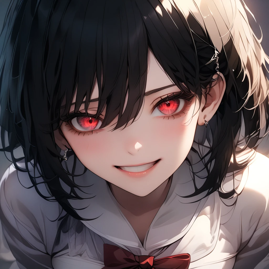 masterpiece, best quality:1.3, 1girl, close-up, yandere, close eyes, crazy, smile, whitedress, yandere trance, shaded face, black short hair, bluntbangs, highly detailed, intricate, sharp focus, dramatic lighting, moody, intense expression, haunting, haunted, disturbing, unsettling, psychological, dark fantasy