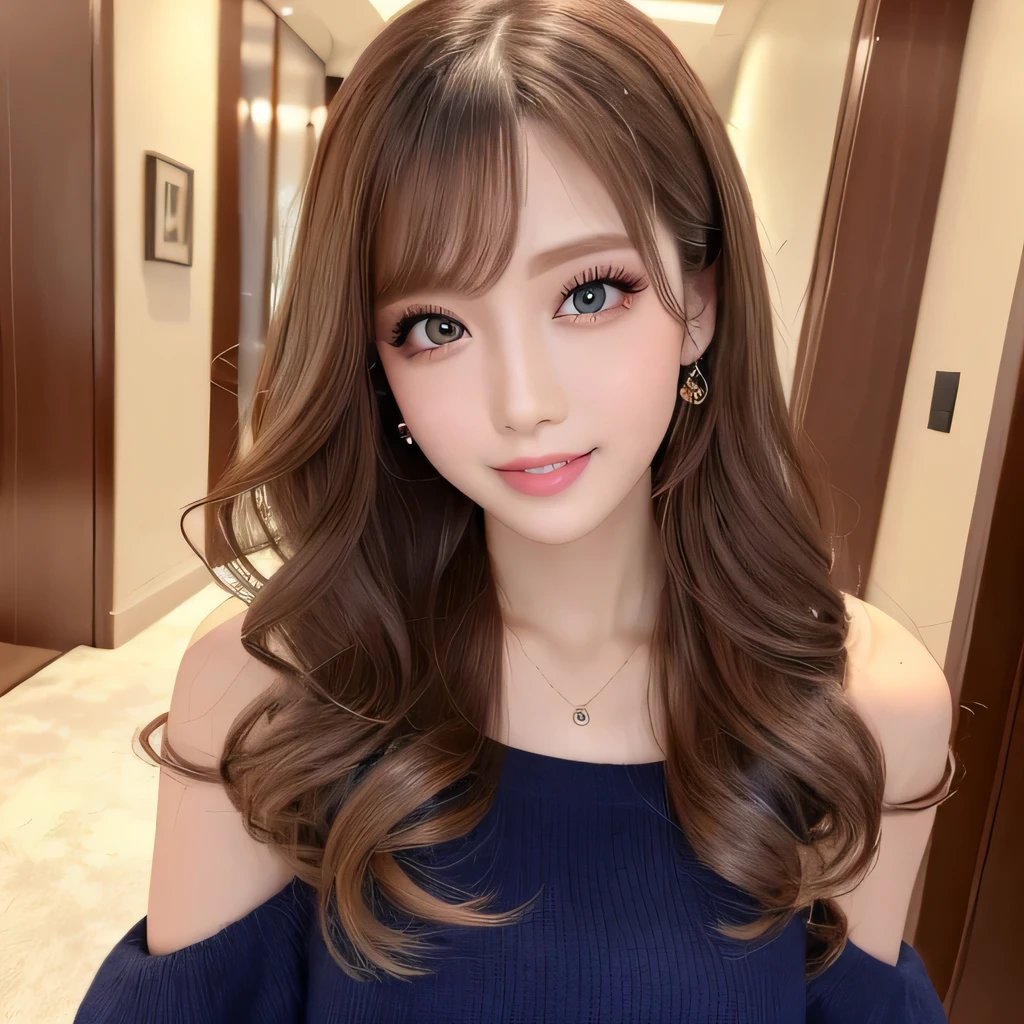((highest quality, Tabletop, Ultra-high resolution、The most complex and detailed depiction))、(Bright lighting:1.1)、(spring-like clothes)、(Beautiful woman:1.1)、(Long Wavy Hair:1.05), (Accurate anatomy:1.1)、Colored contact lenses、Perfect Makeup、Natural Lip、Highly saturated eyeshadow、A loose off-the-shoulder knit、Short skirt、blurred background, look at me and smile、Luxury Room、(Ultra-high resolution gloss, Fair skin:1.1)、Ultra-high resolutionの顔、Ultra-high resolutionの髪、Ultra-high resolution sparkling eyes、Ultra-high resolution glossy lips、Beautiful face drawn in every detail、Ultra-high resolution perfect beautiful teeth、(Bright and vivid:1.1), whole body、Beautiful legs