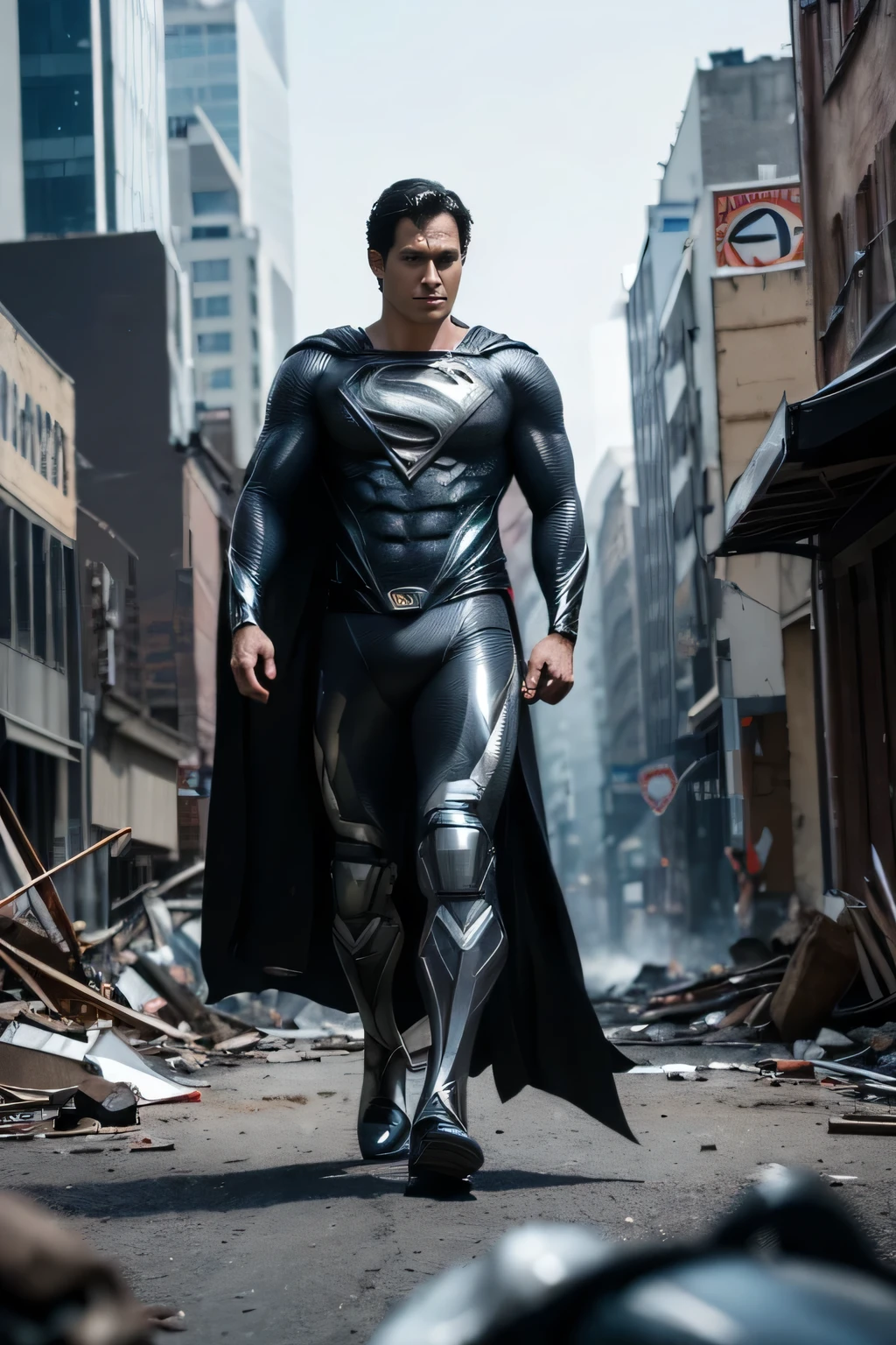 action shots of  M1lly4c0k2222 ((wearing a sexier revealing black and silver version of the evil superman suit man of steel)), large breasts, toned body, (explosions in the background a city in ruins), Style-BladeRunner2049-8v Intricate, High Detail, Sharp focus, dramatic, ((photorealistic))