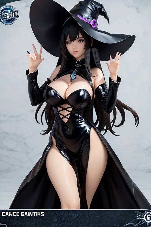 Trading card, witch, sexy pose, big breasts, bubble but, black witch hat, black sexy dress, black air
