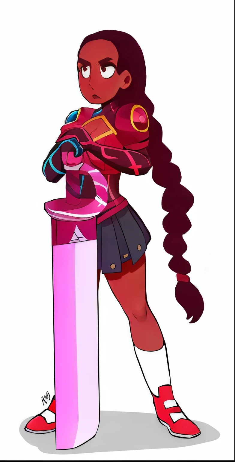 A cartoon girl with long hair and a ponytail standing next to a pink container, concept art inspired by Victor Mosquera, trends in cg society, afrofuturism, grenade from steven universe, she is holding a sword, official character art, female protagonist 👀 :8, katana zero video game character, holding a sword on his shoulder, grenade