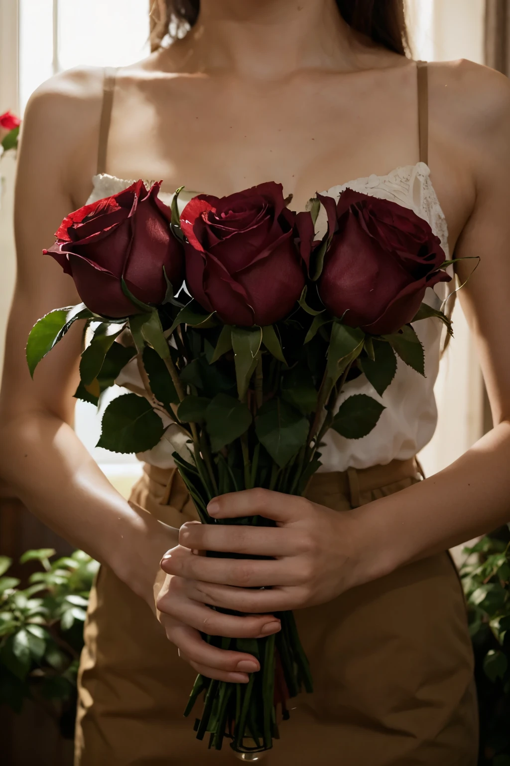 realistic image of two hands clutching a bunch of red roses