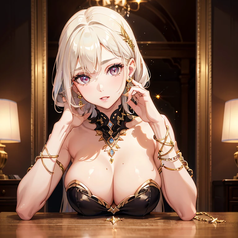 (on the table: 1.3), (maximum resolution: 1.2), (ultra high definition tv: 1.2), movie lighting, ultra high definition tv, (delicate eyes and skin), (detailed facial features), north african free trade area, 8k resolution, sharp focus: 1.2, perfect style, pretty face, Perfect body, precise, anatomically correct, Highly detailed facial and skin textures, delicate eyes, dark red eyes, double eyelids, Thin eyebrows, glitter eyeliner: 1.2, natural cheeks, shiny skin, White skin: 1.2, sparkly necklace and earrings, (glossy lips: 1.4), rest, one person's point of view, (She is a very cute female librarian), (stockings), (smile: 1.2), ((innocent and cute girl:1.3)), (long wavy hair), (silver hair:1.2), (cowboy shooting: 1.2), rest, ((Very close relationship: 1.2)), medium, ((looking at the audience:1.2)), (hotel room:1.2)), ((Bend your knees and:1.2)), low angle shot, full body, Embarrassed look, Kamimei, high heels, ((small )), forward facing