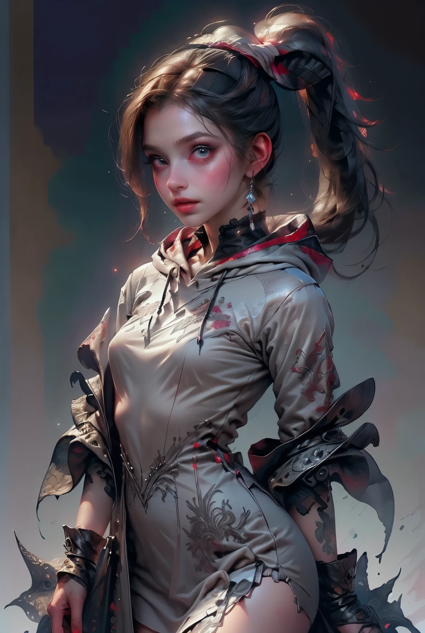 (((masterpiece, of the highest quality, super detailed))), hand drawn style, hand painted style, watercolour, sketch, a knight, white background, plain background, borne inspired, tatty Blood attire, occult aesthetic, occult, tatty red and white clothing detailed and intricate steampunk and detailed gothic lolita (wi hood), long coat, very thin long legs, Complex laced boots, Fluttering lace flared long knee length dress with frilly petticoats, long dress, knee length dress, petticoats gothic lolita aesthetbeautiful small breasts, (((( Highly detailed face))), small thin nose, Small thin lips mouth, (((Very sharp focused eyes))), Very large slit precision pale grey eyes that shine like jewels. ((dark hair)), ((long ponytail, thick ponytail, heavy ponytail)), very long eyelashes, white background, Very dramatic and cinematic lighting, tatty damaged old red and white clothing, full body, whole body, body, cosmic horror, grim dark
