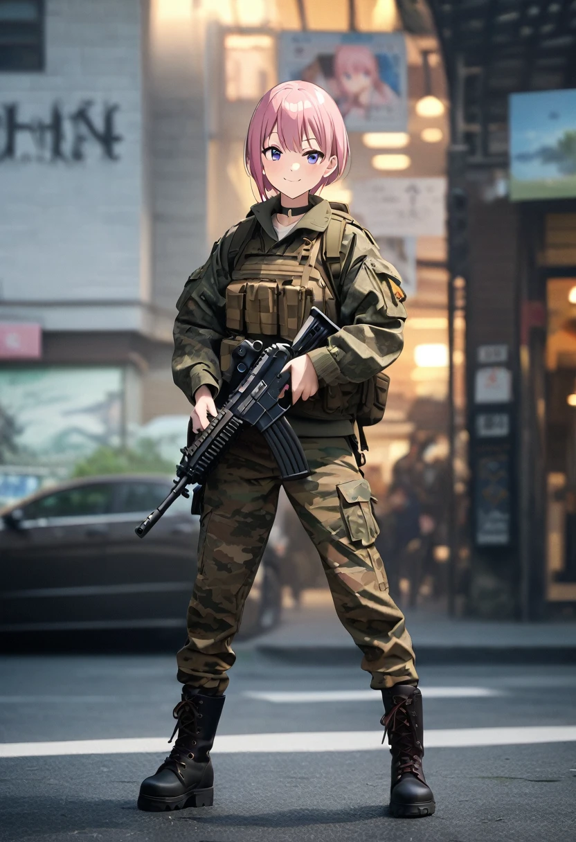 (Highest quality, 4K, 8k, High resolution, masterpiece:1.2), Very detailed, Picturesque, Anime style photo, Photo Anime:1.37)、Japanese、(Pink hair)、(pixie cut)、smile、Black choker、Camouflage jacket、Camouflage 、Camouflage helmet、Lace-up boots、Assault Rifle、Full body photography、Nakano Ichika