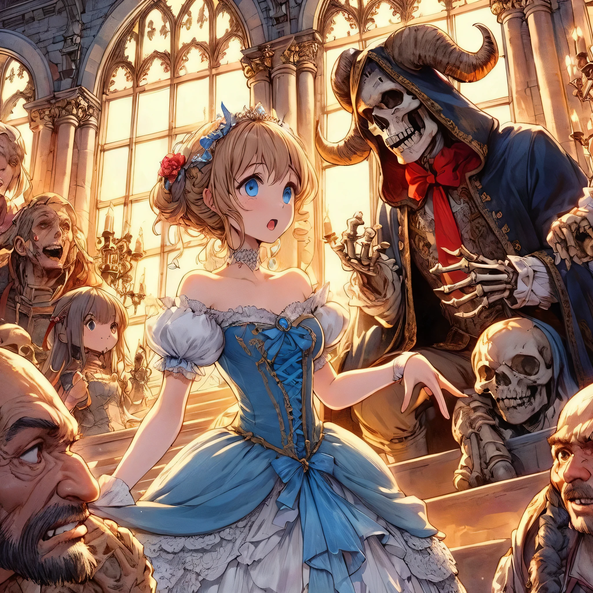 masterpiece、Bold, anime-style illustration、Dense painting、Humorous and crazy。Cinematic lighting、Inside a medieval European castle、The protagonist is a fairy tale「Cinderella」The protagonist Cinderella。She is wearing a Cinderella costume。At 12 o'clock, the prince and the people around him々The bones were weathered and became bones、Cinderella is surprised。The process of people weathering and becoming bones is depicted in detail and easily understandable.。