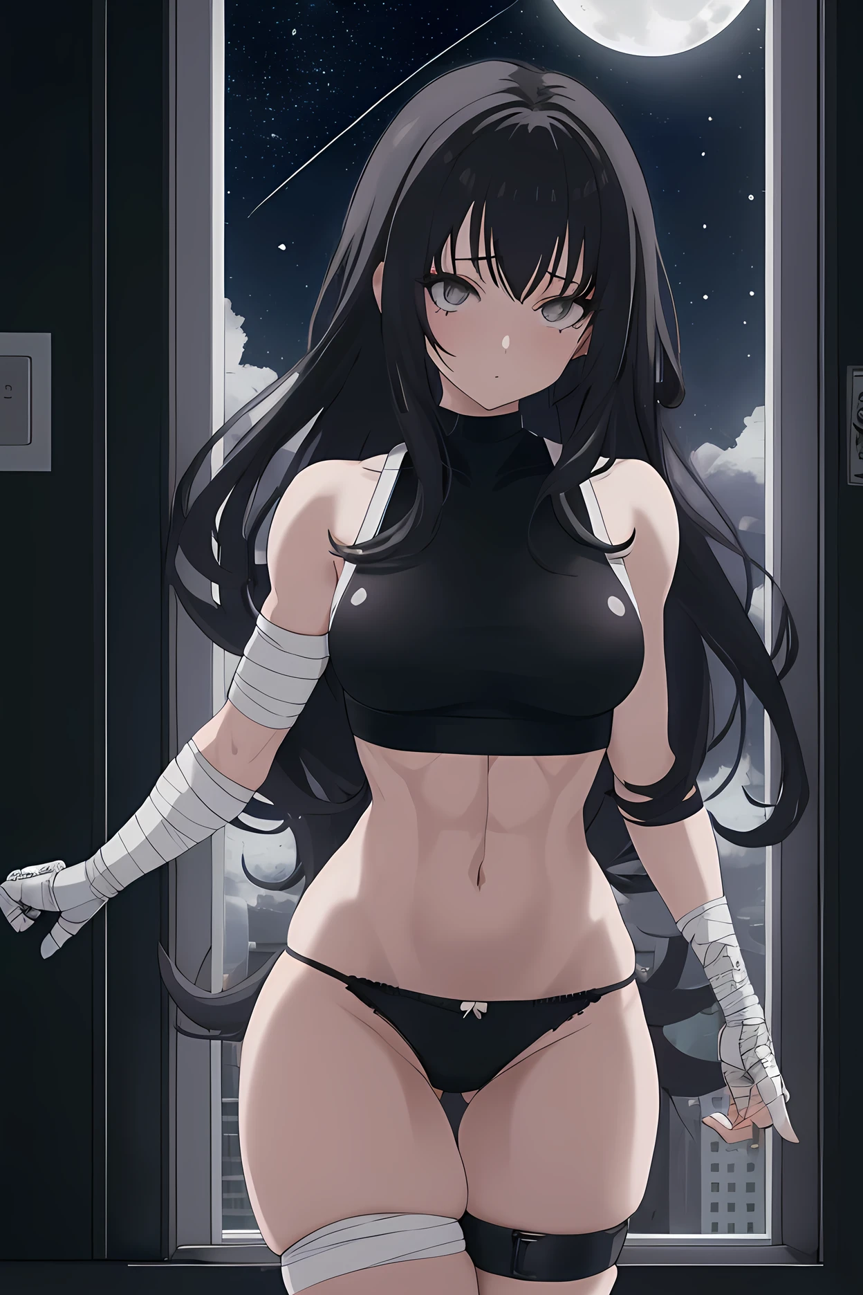 anime girl, close up, sexy, white skin, black hair, grey eyes, Black crop top with tiny holes falling off, black panty, empty office, night, full moon and stars seen through a window, a bit muscular, wounds, bandages on arms and legs