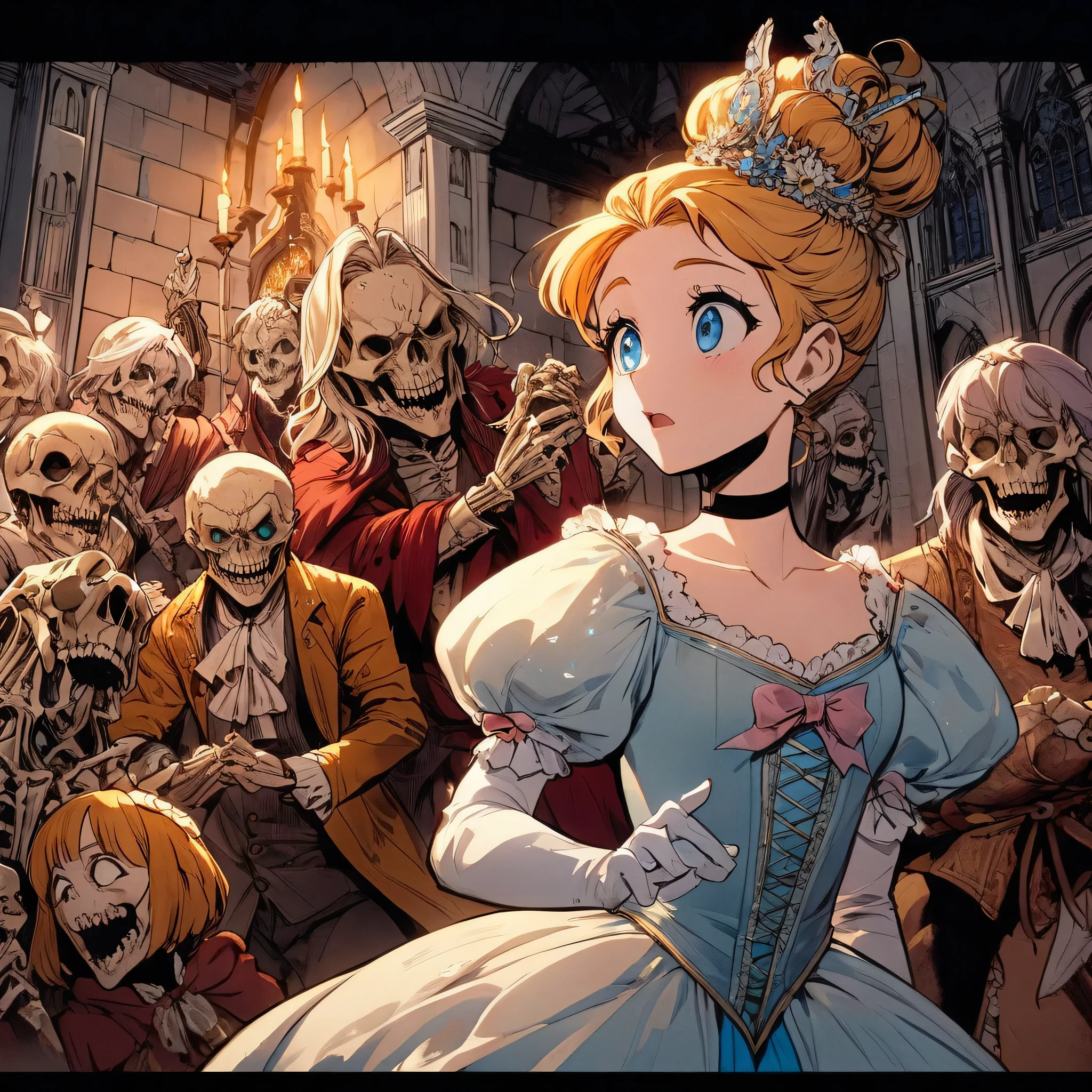 masterpiece、Bold, anime-style illustration、Dense painting、Humorous and crazy。Cinematic lighting、Inside a medieval European castle、The protagonist is a fairy tale「Cinderella」The protagonist Cinderella。She is wearing a Cinderella costume。At 12 o'clock, the prince and the people around him々The bones were weathered and became bones、Cinderella is surprised。The process of people weathering and becoming bones is depicted in detail and easily understandable.。
