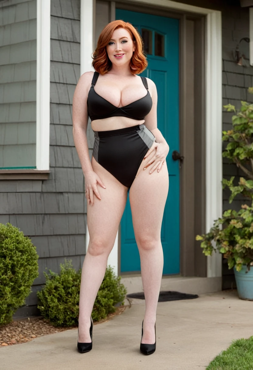 Full body shot of a curvy large breasted redhead female. Lois Griffin. Wearing a skimpy UPS delivery worker outfit with brown high heels. In front of the Griffin house.