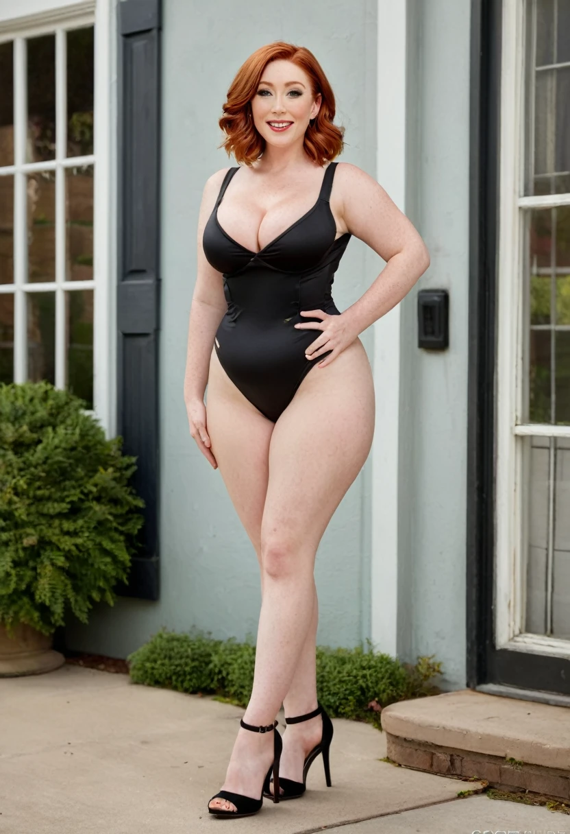 Full body shot of a curvy large ed redhead female. Lois Griffin. Wearing a skimpy UPS delivery worker outfit with brown high heels. In front of the Griffin house.