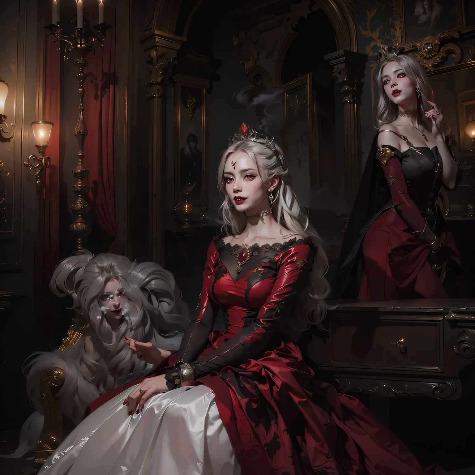 In the dark castle throne room on the huge royal throne in seductive pose siting beatiful demon queen, She have beautiful face with pink eyes rakr eye shadows and dark lipstick sexy make up, golden ring shape earrings on her ponty ears. she have long gorgeous bloody red hair.. dressed in majestic sexy black royal robe with golden metal parts, also she have tattoo all over her body her hands have lonf beautiful nails, (ultra high quality fantasy art, ghothic dark fantasy style, masterpiece, ultra high quality character design, 8k quality anime art, realistic anime art, top quality wallpaper illustration, detailed ultra high quality accurate face, high quality design and accurate physic)