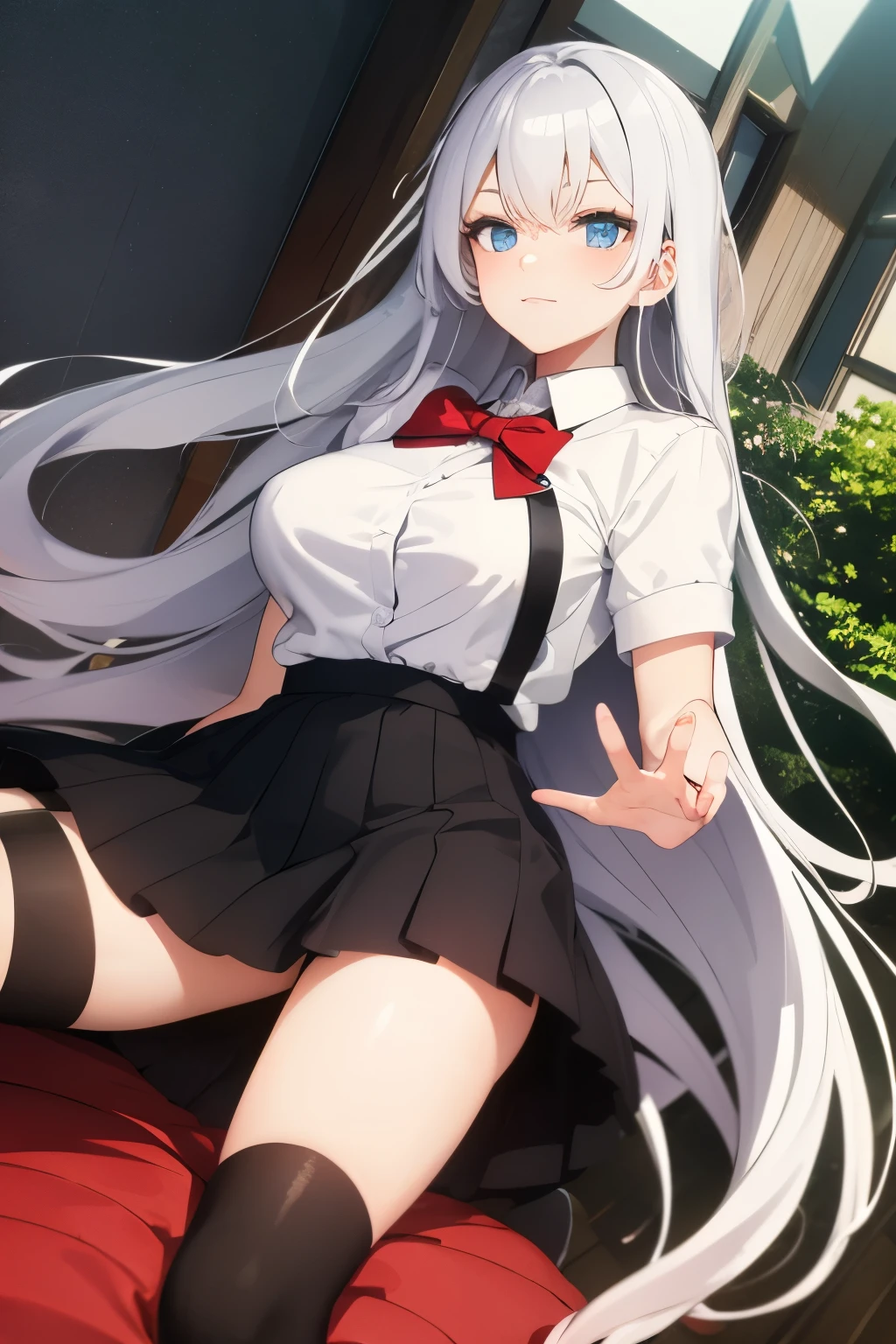 Rias Gremory with long silvery-white hair, crystal blue eyes and school uniform in the style of the anime Oshi no Ko