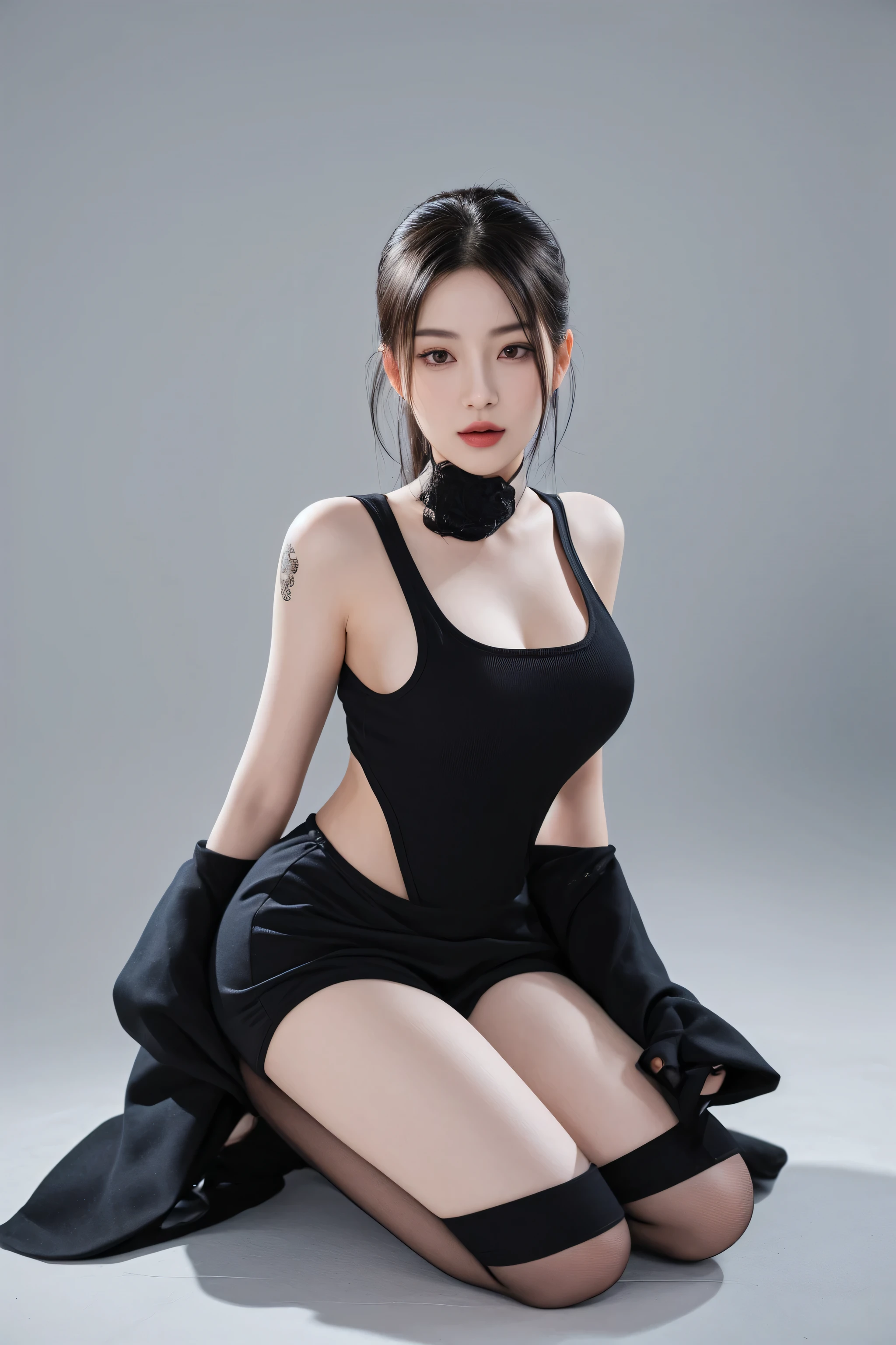 araffe asian woman in a black dress and stockings sitting on the floor, seductive tifa lockhart portrait, wearing a black bodysuit, full body xianxia, sexy look, she is wearing a black tank top, tifa lockhart, trending at cgstation, tifa, gorgeous chinese model, tifa lockheart, sexy pose, trending on cgstation
