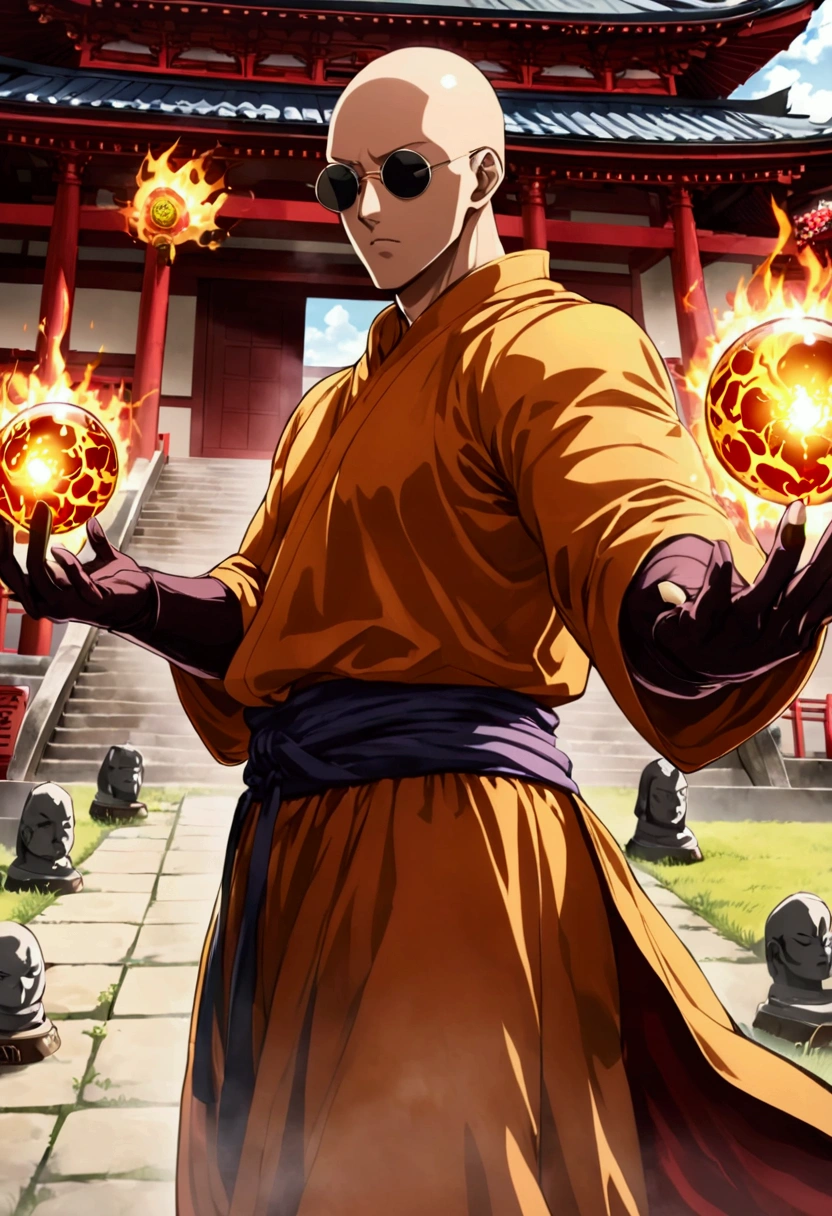 Japanese monk、Small、Round sunglasses、Equip a ritual item、Hero of Justice、One Punch Man、Japanese Temples、strongest、Exorcise evil spirits、