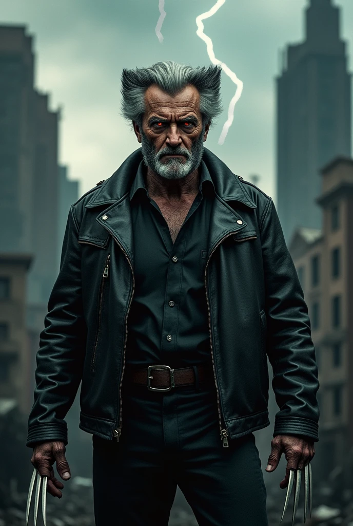 Create Wolverine at 70 years old in a black jacket looking forward