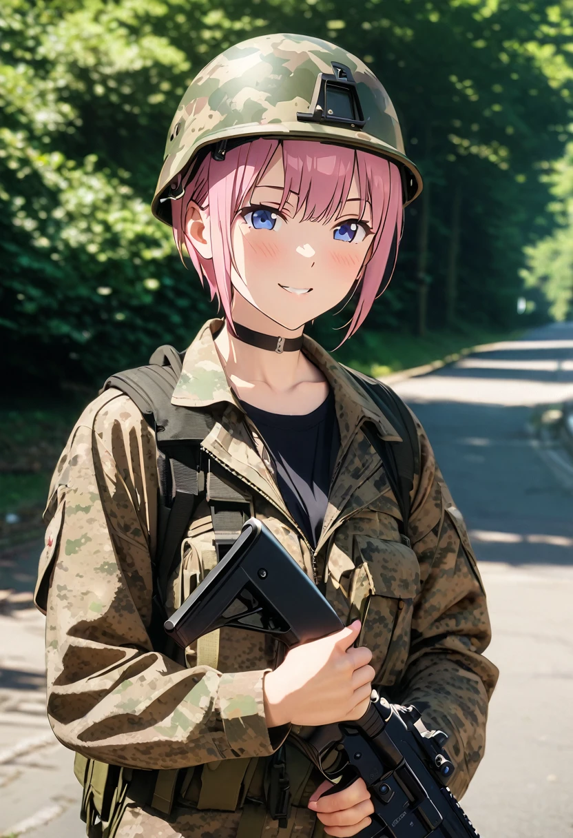(Highest quality, 4K, 8k, High resolution, masterpiece:1.2), Very detailed, Picturesque, Anime style photo, Photo Anime:1.37)、Japanese、(Pink hair)、(pixie cut)、smile、Black choker、Camouflage jacket、Camouflage 、(Camouflage helmet)、Lace-up boots、Assault Rifle、Full body photography、Nakano Ichika