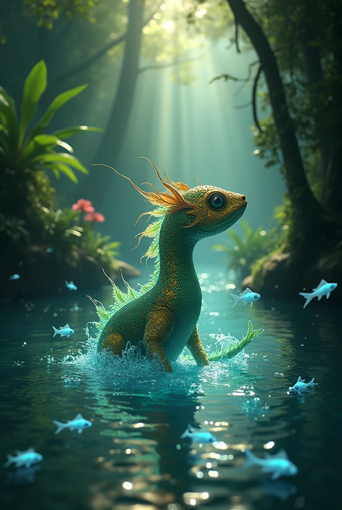engkanto (philippine myth creature) surrounded by fishes in the river make it magical