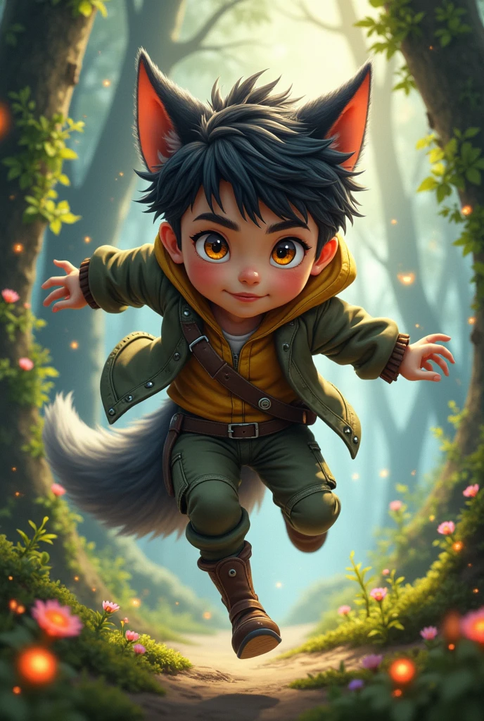 Wolf ears、Draw a young man with a tail.