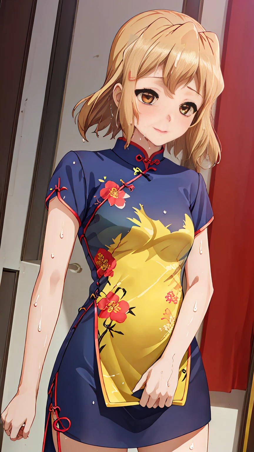 (masterpiece,Highest quality,Ultra-high resolution),Japanese women, (((so beautiful))), cute、Look at the photographer、 ((Blonde hair and semi-long hair)), とてもcute顔, Closing one eye and blushing shyly,Glossy Lips, Double eyelids on both eyes,Natural smile、 Natural Makeup, Long eyelashes, Shiny and smooth hair、Center image, Perfect limbs, Perfect Anatomy,(((random cheongsam)))、(((Remember)),Wet with sweat,