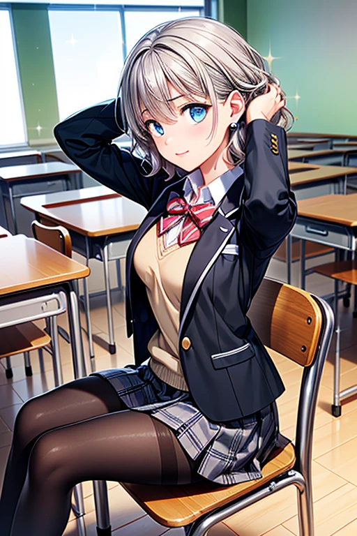 #Basic
A girl posing for a photo, (((One Girl))), (((Baby Face:1.4)) + ((cute:1.4)) + ((15 years old))),
break
#Clothing Accessories
((school uniform)) : ((Blue student blazer:1.2)) + ((Blue student vest)) + White dress shirt + ((Blue pleated skirt)) + ((Black Pantyhose:1.4)), (Brown Loafers),
(Red Gem Earrings),
break
#Features
((Silver Hair:1.2)) + ((Bangs covering one eye + Very long side bangs)) + ((Very Short Hair:1.4 : Very short hair:1.8 + Voluminous Hair + Wavy Hair)),
((Droopy eyes:1.4, Big eyes:1.2), blue eyes), (Small breasts:1.2), (中立的な顔のFeatures),
break
#background environment
((noon + School classroom:1.2, blue sky)),
#Facial Expression Pose
((Wicked Smile)), (((Sitting on a chair、Crossing your legs)), (Clasp your hands above your head:1.2)),
#composition
((Side angle:1.8, turn around)),
break
#Body parts elements
(Slim figure),
(Symmetrical facial features),
(Detailed Hair, Beautiful Hair, Shiny Hair),
(double eyelid, Long eyelashes, Thin eyebrows:0.5, Thin eyebrows:0.5),
(Expression of fine eyes, Beautiful and delicate eyes, Sparkling eyes, Eye Reflexes, Glitter Eyeliner),
(Human Ear),
(Beautiful Nose, Thin Nose),
(Glossy Lips, Beautiful Lips, Thick lips),
(Detailed skin, Textured skin, Beautiful Skin, Oily skin),
break
#quality
(((最高quality)), ((masterpiece:1.3)), ((Very detailed))), ((Ultra-high resolution)), ((16K)), ((1080P)), ((Full HD)),
((Anatomically correct)), ((Realistic)), (3DCG), ((Oil painting)),
((comics, anime)), (CG illustration), (RAW Photos),