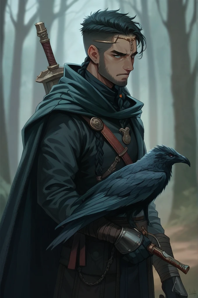 Let him have longer hair, braids, A single white lock of hair and a black assassin's armor with few details.
Place him in the background of a forest.