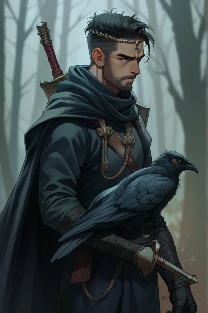 Let him have longer hair, braids, A single white lock of hair and a black assassin's armor with few details.
Place him in the background of a forest.