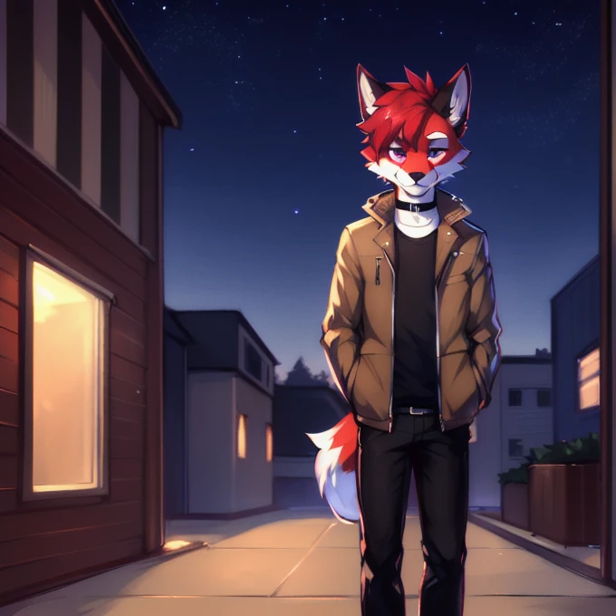 (Artist by zackary911, 8k, high quality, detailed eyes and fur, night, residents background), solo, male fox, anthro, red satured fur, red body, male body, purple eyes, black ears, red hair, short hair, hair cover eye, hands white, choker, eyeliner black, beige jacket, black shirt, y alone, without group, without doubles, full length, smiling, in the field
