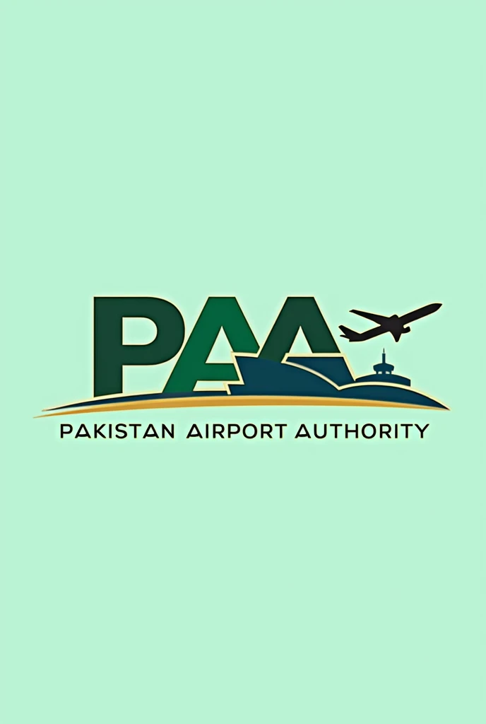 Generate modern geometrical logo with the letters  of PAA mean Pakistan airport authority in modern style using colors green blue & gold and also use symbol of AIRPORT buildings or airplane 