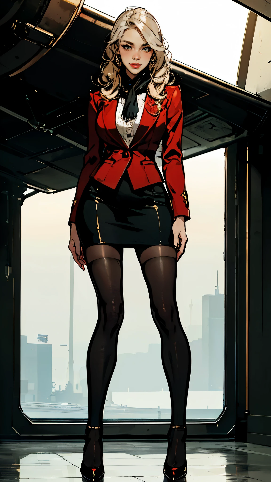 "(ultra detailed, Photorealistic, Best quality, 4K, 8 k, A high resolution, masterpiece:1.3), two stunning flight attendants standing next to each other, exuding elegance and charm, Anya Ivanova, tall and slender, long straight platinum blonde hair, smooth tail, striking blue eyes, warmth and confidence, provocative red velvet uniform, matching blazer jacket, Short pencil skirt, Black Stockings, black high heels, silk scarf, side cover, poised and professional, a hint of a friendly smile, Elin Andersson, Slender and tall, Long wavy golden blonde hair, loose curls, bright green eyes, exciting and friendly, provocative red velvet uniform, matching blazer jacket, Short pencil skirt, Black Stockings, black high heels, silk scarf, side cover, friendly and approachable behavior, radiant smile, elegant modern private jet, asphalt background, elite flight attendants, sophisticated and professional appearance, elegance, luxurious furnishings, (complex part:1.3), ((super detailed hands, ultra-finely detailed fingers, full body showcase, show your whole body))."