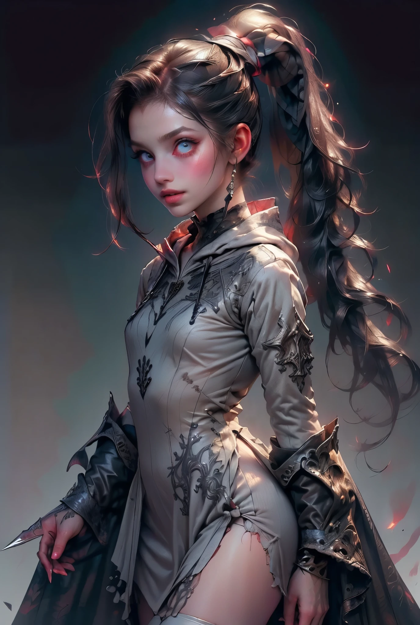 (((masterpiece, of the highest quality, super detailed))), hand drawn style, hand painted style, watercolour, sketch, a knight, white background, plain background, Bloodborne inspired, tatty Bloodborne attire, occult aesthetic, occult, tatty red and white clothing detailed and intricate steampunk and detailed gothic ta (with a hood), long coat, very thin long legs, Complex laced boots, Fluttering lace flared long knee length dress with frilly petticoats, long dress, knee length dress, petticoats gothic loliesthetic, beautiful small breasts, (((( Highly detailed face))), small thin nose, Small thin lips mouth, (((Very sharp focused eyes))), Very large slit precision pale grey eyes that shine like jewels. ((dark hair)), ((long ponytail, thick ponytail, heavy ponytail)), very long eyelashes, white background, Very dramatic and cinematic lighting, tatty damaged old red and white clothing, full body, whole body, body, cosmic horror, grim dark