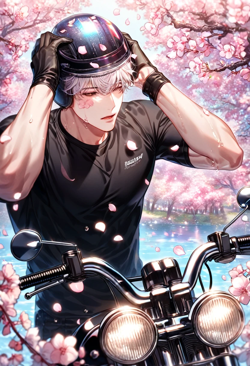 absurdres, highres, ultra detailed, HDR, master piece, best quality, extremely detailed face, delicated features, Kang Woojin, Love Jinx, wearing a black motorcycle helmet over his head, solo, sexy man, handsome, sensual, black tight T-shirt, toned, black gloves, cherry blossoms, pink flowers, pink butterflies, pink petals, water, park