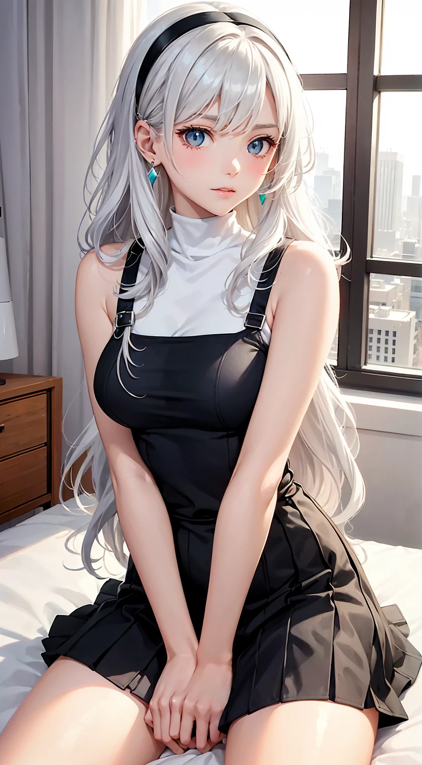 Character Details:, - Gender: 1 Girl.
- Style: Anime, - Body Type: Attractive body, nice body, nice legs, slim tights, nice arms, nice shoulders. - Breast: (Cleavage, small Breast:1.2)- Facial Feature: Beautiful, Gorgeous, ager, Fresh, Young.
- Expression: Small smile, shy Look, (blue pink gradient eyes). - Hairstyle: Blunt Bangs. - Hair Color: (White Grey Hair:1.5), (Straight and Wavy Long Hair:1.3),
- Clothing: (cardigan shirt) (Laced black bra) (skirt) (Stocking.). - Body Pose: (sleep on bed:1.3). - Behaviour: Waiting, Want Something, Secretly.
- Accessories: Earrings, Thin Black Headband, Green Accessories, Environmental Details:, - Setting: Bed Room., - Lighting: Natural Light., - Decoration: Modern Bed, Chair, Window, White Curtain, City View. Top view. pov, anime style, UHD, retina, masterpiece, accurate, anatomically correct, textured skin.