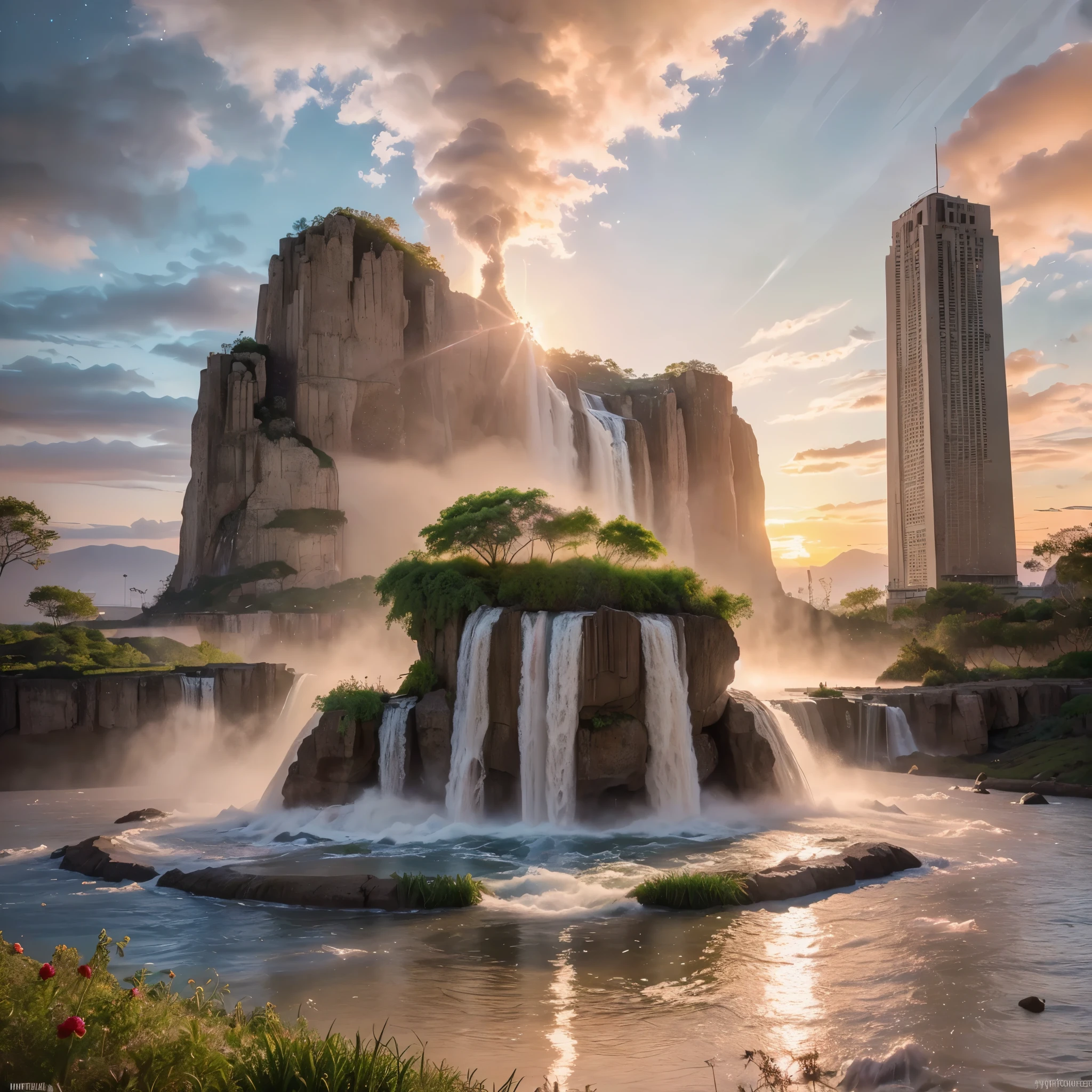(8k, highest quality, masterpiece, final fantasy style: 1.2), (unRealistic, photoRealistic: 1.37), Dreamy landscape, epic scenes, sunset, Fantasy, Unsurreal landscapes, Super detailed, Flying futuristic Castle, Floating Island in the Sky, Seven-colored swirl of light, Intense lightning, nebulas,Complex Light, Colored light, blue clear Large Lake, Starry sky reflected on the lake surface, Countless shining stars, Meteors, Reflections , (A pillar of light emanated from the ground:1,2), (((roses and orchids gardens , bright sunset, pink and blue clouds, waterfalls in the sky, realistic style))), Hyperrealistic drawing , burning futuristic skyscrapers, , timeless realms, healing light magic effect, in a crystal clear blue magical lagoon of the fairyland, crystal clear waters with silver surface reflections, sharp focus, (close-up:0.9), (bright white theme:1.2), (bright white tone:1.2), (deep blue tone:1.3),((( realistic, Hyperrealism, vivid colours , landscapes , alien nature , science fiction themes))), mountains and abyss, water resources and waterfalls , fog ,