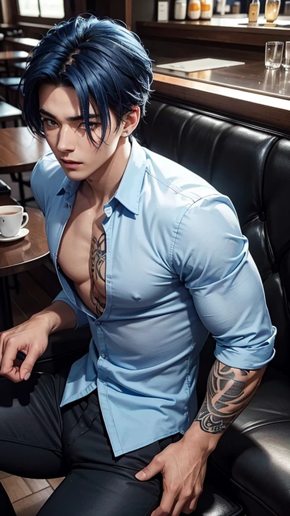 A hot muscular young man, in formal sky blue shirt and black pants, buttons are open, showing his bare chest, sky blue hair, sky blue iris, sitting in a cafe, a sexy look on his face, tattoos on his chest.