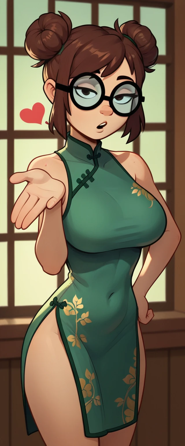 lisaloud, 1girl, solo, 24yo girl, large breasts, green cheongsam,  glasses, two hair buns, standing in a training room, looking at viewer, brown hair, short, hands  score_9, score_8_up, score_7_up,blowing kiss, heart