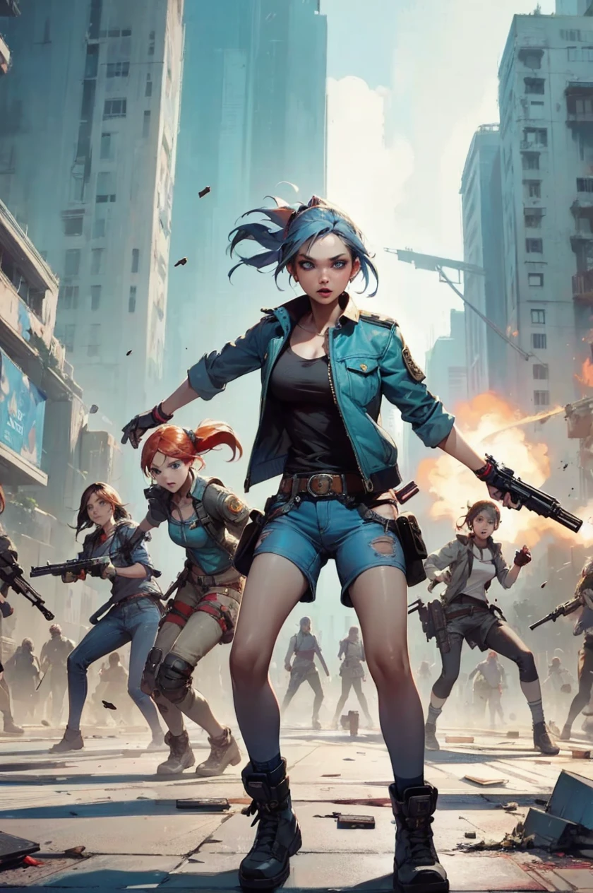 a striking portrait of eight girls fighting in a post-apocalyptic destroyed New York city, tight jeans, eight girls with ponytails, red, full body , blue, white, gray and black colors, red and blue eyes, girls holding pistols and shooting with light, cinematic composition, intricate details, vivid colors, horror atmosphere, best quality,4k,8k,highres,masterpiece:1.2,ultra-detailed,realistic,photorealistic,photo-realistic:1.37,HDR,UHD,studio lighting,ultra-fine painting,sharp focus,physically-based rendering,extreme detail description,professional,vivid colors,bokeh